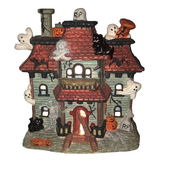 HAUNTED HOUSE Porcelain Illuminated Halloween Spooky Ghosts Pumpkins Black Cats - Picture 1 of 7
